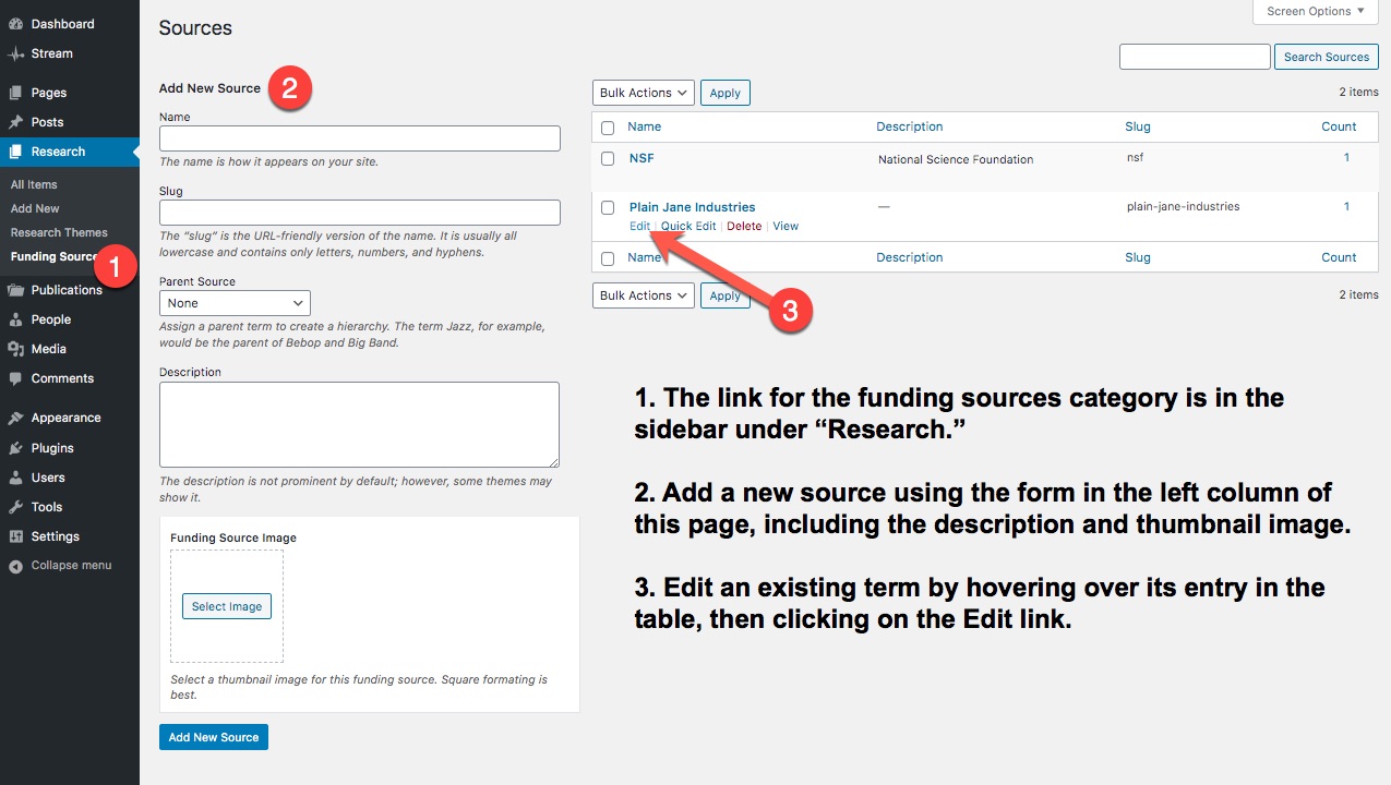 Screen shot: Creating and assigning a funding source category.
